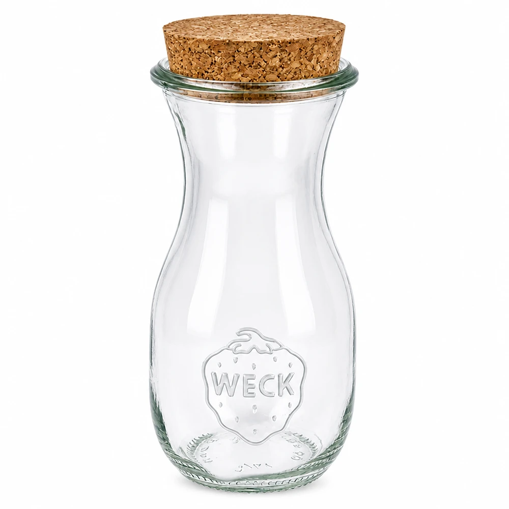290ml mehupullo WECK RR60 korkilla luonnonmukainen WECK mehupullo 290ml RR60 valmistettu lasista, jossa on luonnollinen korkkisuljin läpinäkyvä tyhjä säilöntäpurkki lasipullo lasipullo