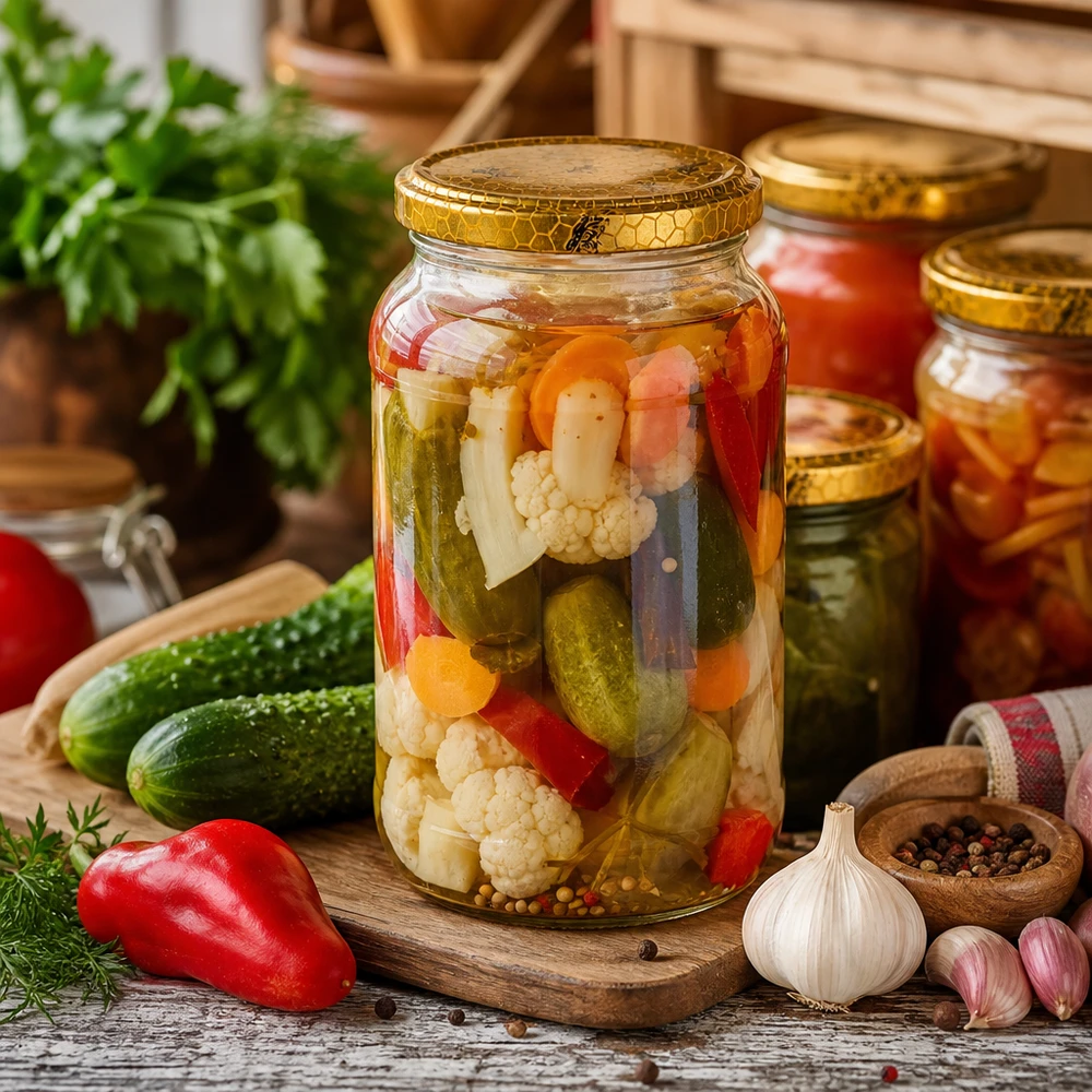 1062ml Rundglas mit Bienenwabe-Deckel als Einmachglas für eingelegtes Gemüse Gurken Paprika Blumenkohl mixed pickles