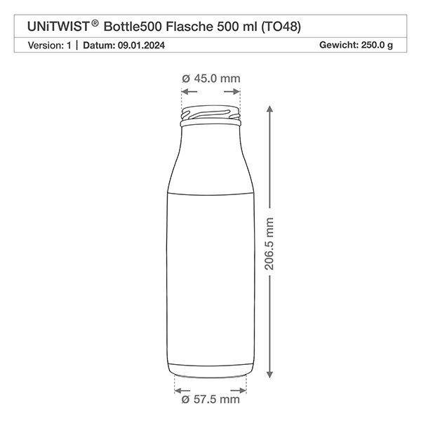 500ml lasipullo ilman kantta (TO48) UNiTWIST Tekninen piirustus 500ml lasipullo TO48 UNiTWIST, jonka mitat: 205,5 mm korkeus, 57,5 mm halkaisija, 250 g painoa.