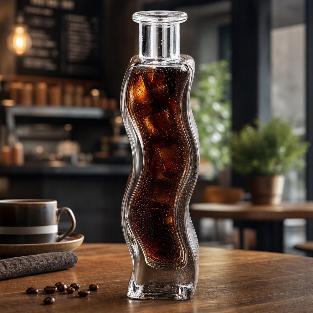 100ml Glasflasche "Melissa" ohne Verschluss UNiTWIST Melissa 100ml lasipullo täynnä kolajuomaa ja jääkuutioita modernissa kahvilaympäristössä puupöydällä.