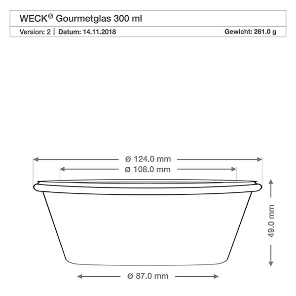 300 ml:n WECK RR120 -gourmetlasipurkki Tekninen piirustus WECK RR120 gourmet-purkki 300ml, mitat halkaisija 124mm 108mm 87mm korkeus 49mm