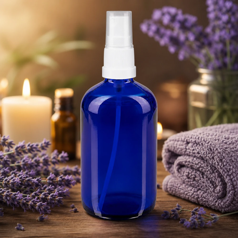 Noin 100 ml:n pyöreä suihkepullo sinisestä apteekkilasista, jossa on STD-valkoinen pumppu aromaterapiaan ja laventeliöljyyn