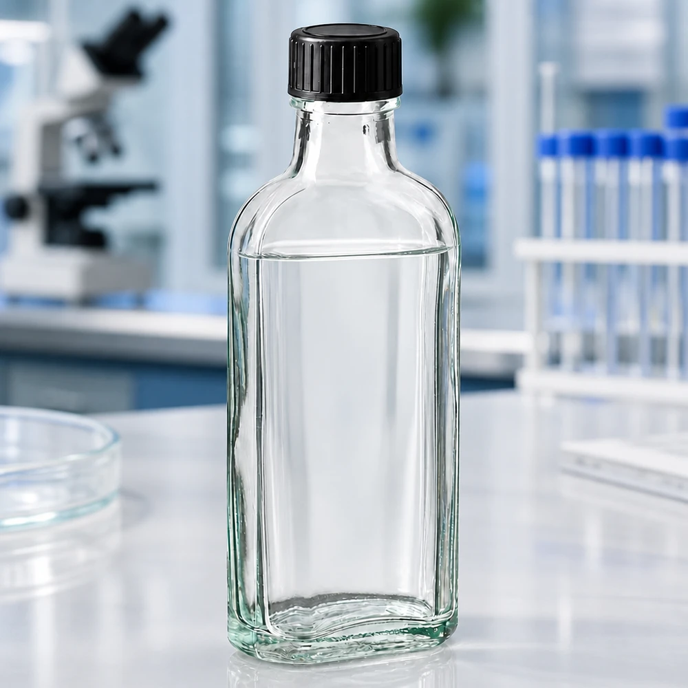 100 ml Meplat-kirkas kierrekorkki, jossa on EPE-sulkukiekko. Suorakulmainen, kirkas 100 ml:n lasipullo, jossa on musta kierrekorkki, mikroskoopin edessä laboratoriossa