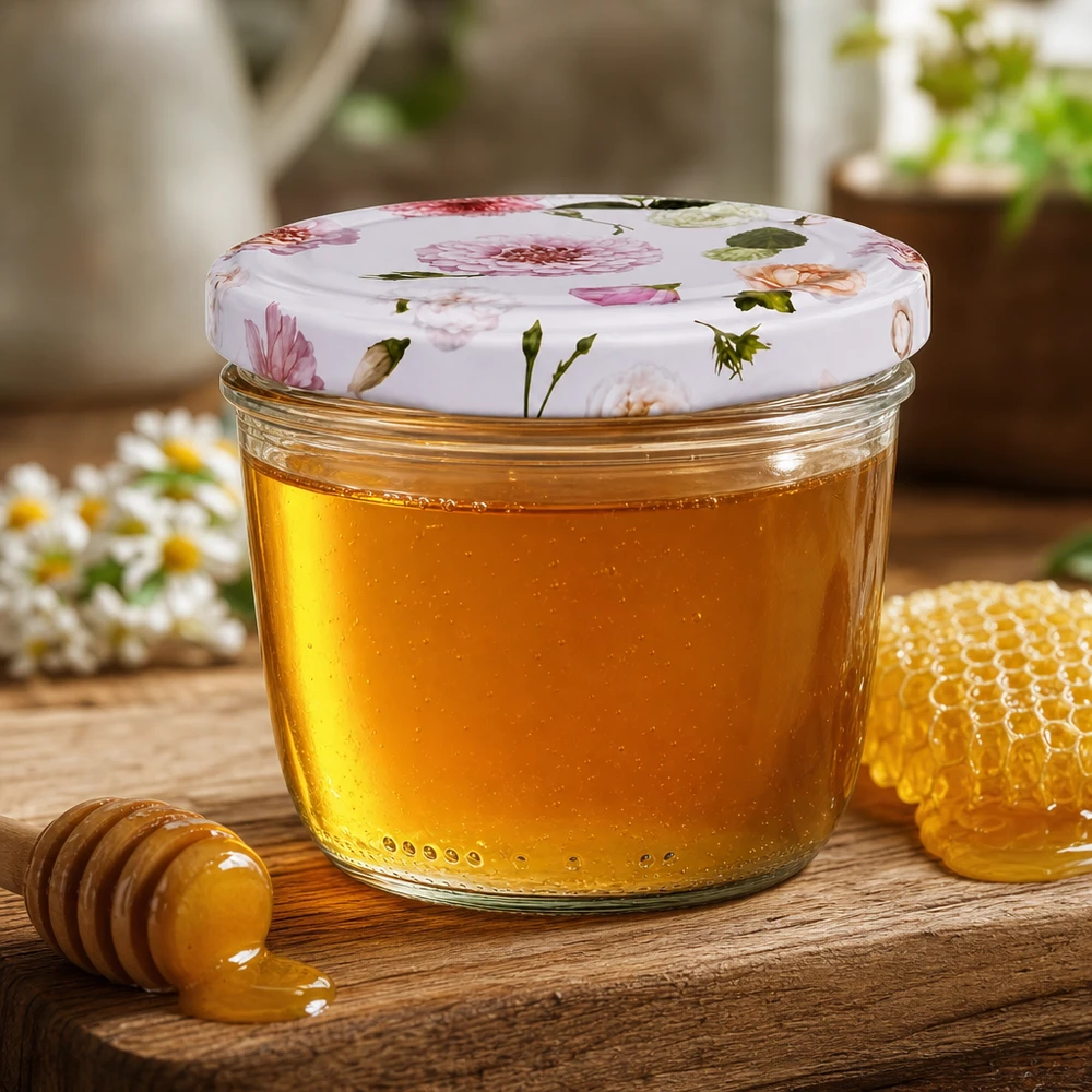 230ml juomapullot täynnä hunajaa BasicSeal-kansi Kukkakuvioinen hunajapurkki, jossa hunajakenno ja puinen dipper Keittiö