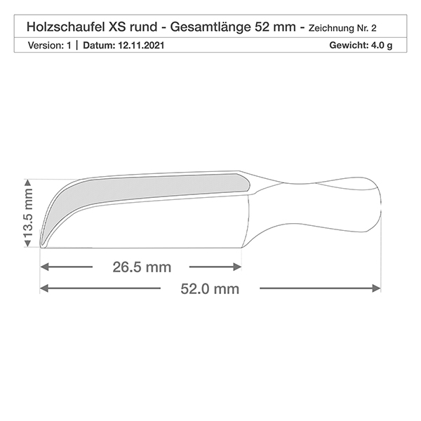 Puinen kauha koko XS puoliympyrän muotoinen - 52 mm pitkä. Detailzeichnung der kompakten Holzschaufel XS mit 3,5mm Tiefe - ideal für Gewürzdosierung in der Küche