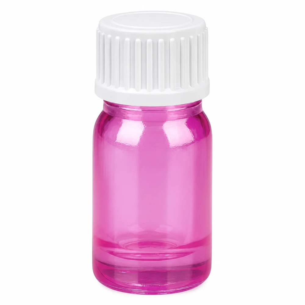 5ml läpinäkyvä vaaleanpunainen lasipullo valkoisella kierrekorkilla eteerisille öljyille ja kosmetiikalle.