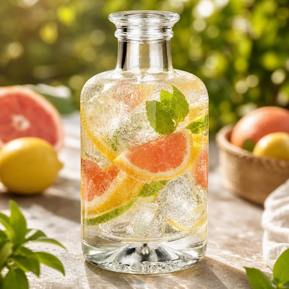 100ml Glasflasche "Sofia" ohne Verschluss UNiTWIST 100ml Sofia-lasipullo täynnä infusoitua vettä greippimentti ja jää ulkoilmatunnelmaa sitrushedelmien kanssa.