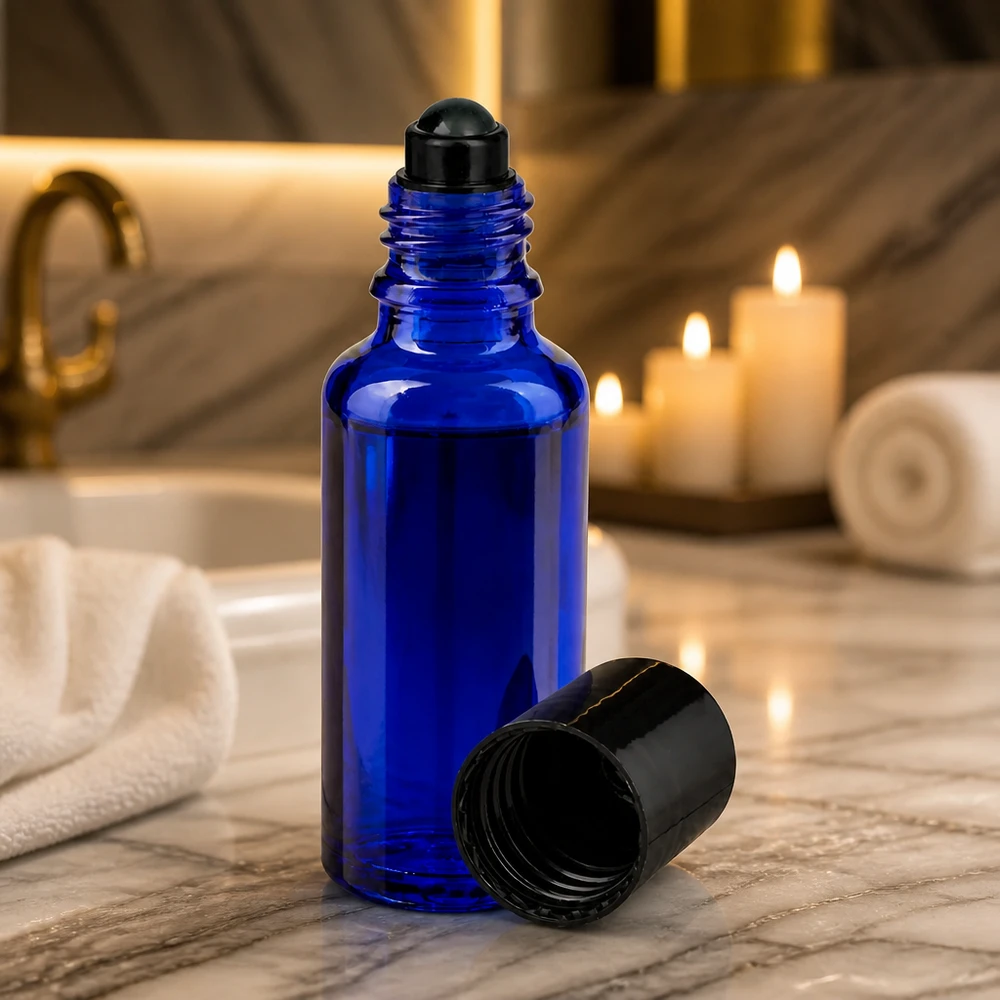 Koboltinsininen 30 ml:n roll-on-pullo apteekkilasista, jossa on musta rullapää