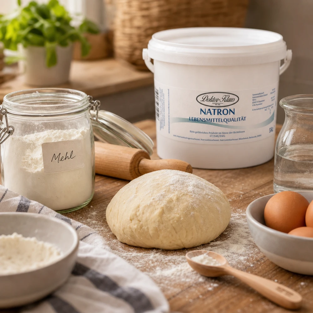 Natron Doktor Klaus 5kg leivontaan taikinan, jauhojen ja munien kanssa rustiikkisella puupinnalla.