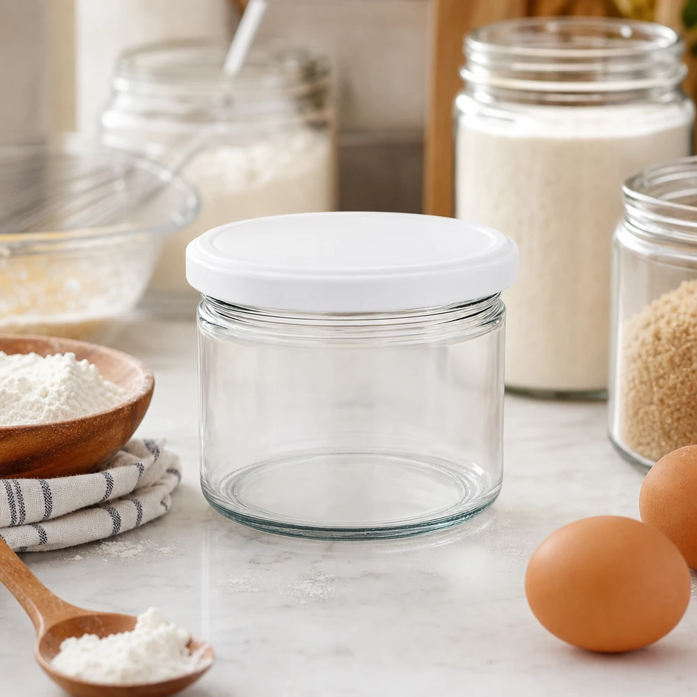 540ml pyöreä purkki BasicSeal-kannella valkoinen UNiTWIST 540ml Rundglas BasicSeal weiß in stylischer Küche mit Backzutaten - elegantes Vorratsglas für Mehl und Backen