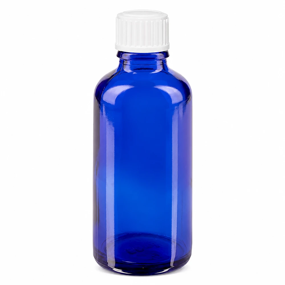 Apteekkipullo sininen 50ml tiputuskorkki valkoinen 0.8mm vakio 50 ml:n sininen lasipullo, jossa on valkoinen tippakorkki, valmistettu korkealaatuisesta ApoGlas-lasista apteekkikäyttöön