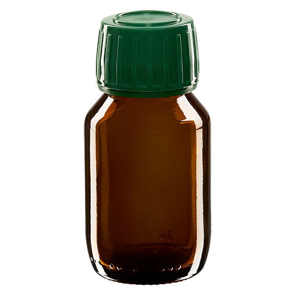 50ml lääkepullo ruskea, korkki vihreä, jossa peukaloinninestosormus ApoGlas 50ml lääkepullo ruskea, korkki vihreä, jossa peukaloinninestosormus ApoGlas