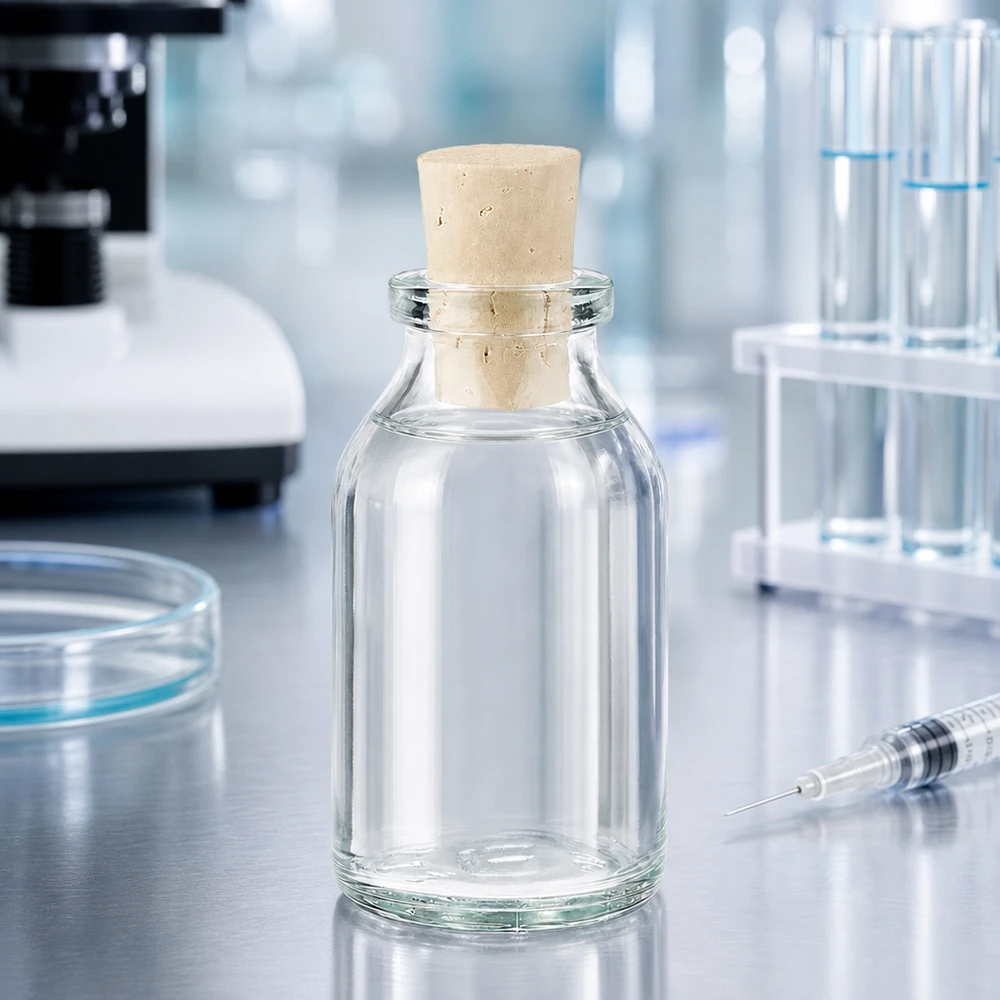Leere transparente 20ml Flasche mit Korkstopfen als Probenbehälter im Wissenschaftslabor