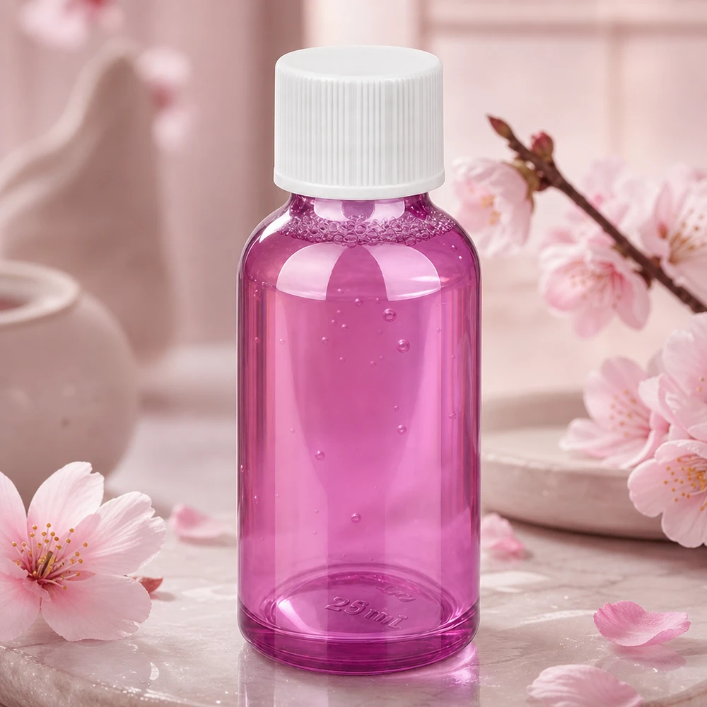 30ml pullo 11mm kierrekorkki valkoinen vakio PurpleLine UT18/30 30 ml:n pullo, jossa on uritettu valkoinen korkki violetilla värillä nesteiden turvallista säilytystä varten.