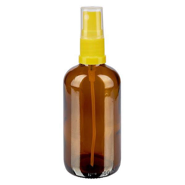 Apteekkipullo ruskea 100ml suihkepullon korkki keltainen Apteekkipullo ruskea 100ml suihkepullon korkki keltainen