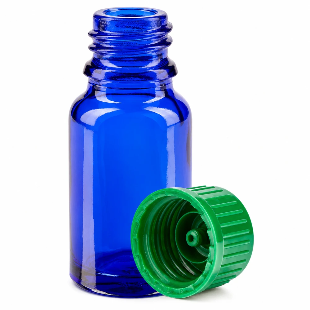 10ml pullo 11mm kierrekorkki vihreä standardi BlueLine UT18/10 BlueLine UT18/10 10ml lasipullo BlueLine UT18 10, jossa 11mm vihreä vakiokorkki eteerisille öljyille.