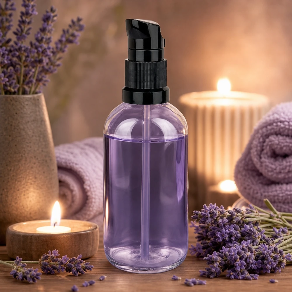 100ml pumppupullo musta vakiokorkki ClearLine UT18/100 ClearLine UT18 100 ml:n annostelupullo, musta pumppu, laventelinvärinen sisältö, spa- ja wellness-tunnelma