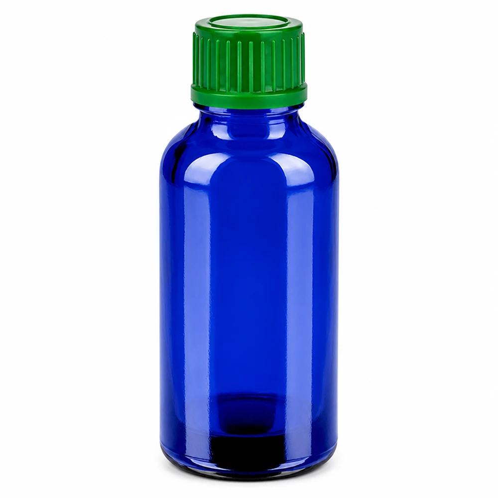 Sininen lasipullo 30ml vihreällä kierrekorkilla eteerisille öljyille ja lääkkeille.