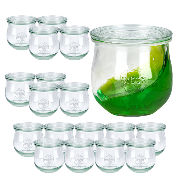18 Weck-purkin 370ml tulppaanipurkkisarja, jossa on 18 lasikantta. 18 Weck-purkin 370ml tulppaanipurkkisarja, jossa on 18 lasikantta.