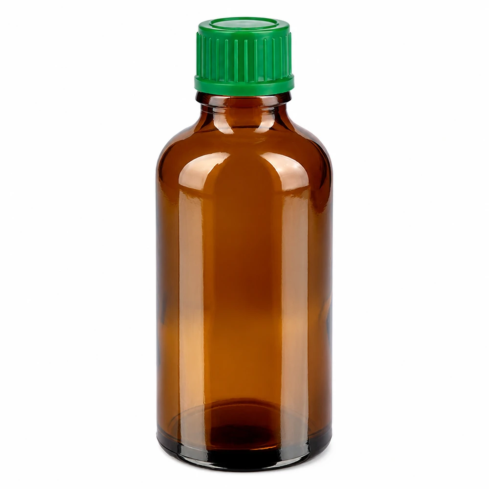 50ml meripihkanvärinen lasipullo, jossa on vihreä kierrekorkki lääkkeille ja kosmetiikalle.