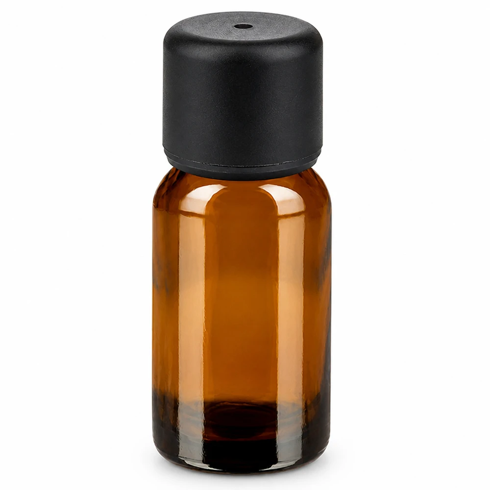 10ml pullo 6mm kierrekorkki musta Standard BrownLine UT18/10 Standard BrownLine UT18/10 10ml meripihkanvärinen lasipullo mustalla korkilla eteerisille öljyille ja kosmetiikalle.