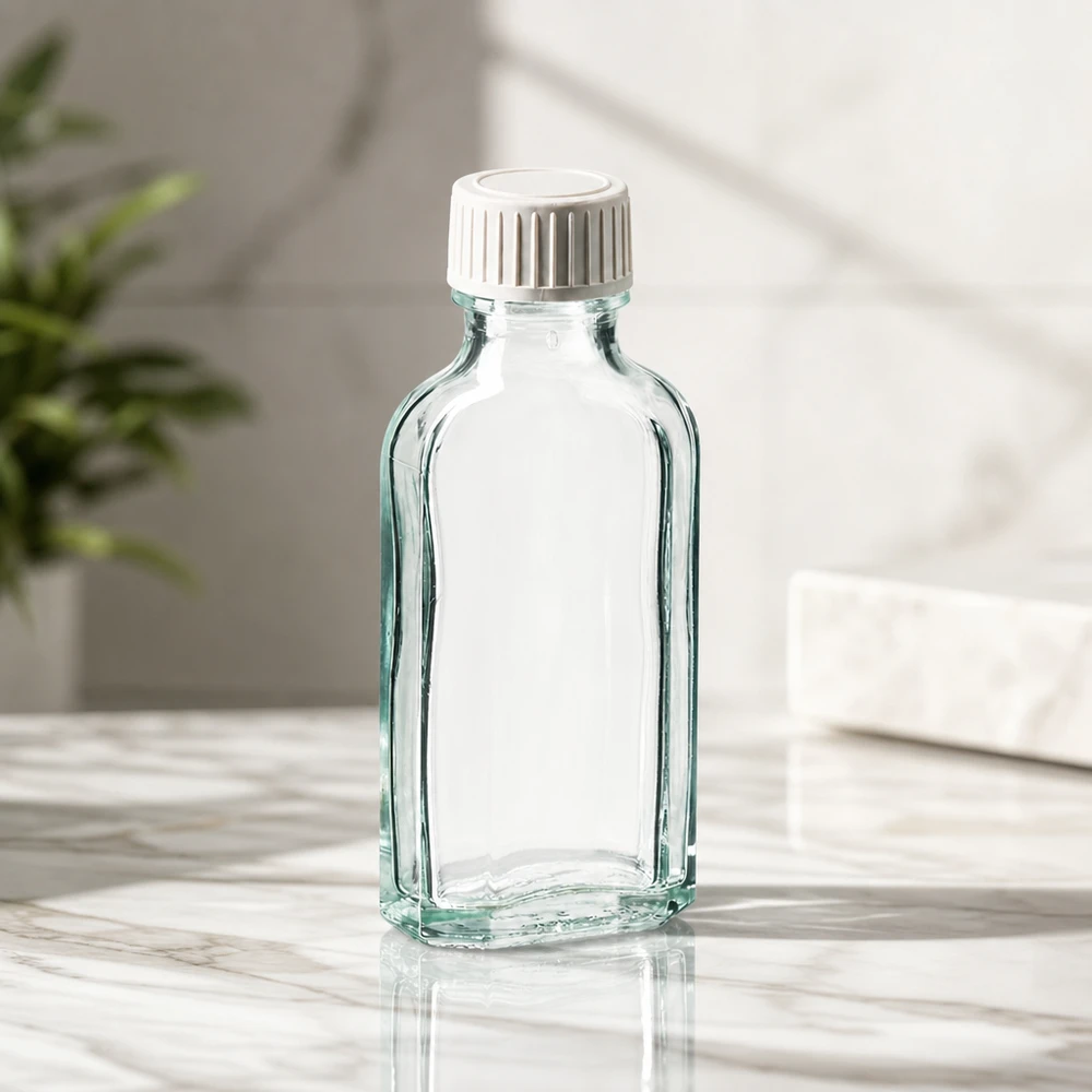 Tyhjä, läpinäkyvä Meplat-pullo (50 ml), jossa on PE-vaahtomuovisisäkke, marmoripinnalla