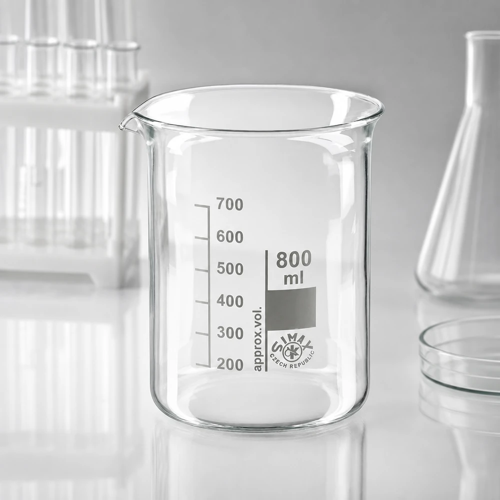 Läpinäkyvä 800 ml:n borosilikaattilasinen dekantterilasi, jossa on selkeä millilitra-asteikko tarkkoja mittauksia varten.