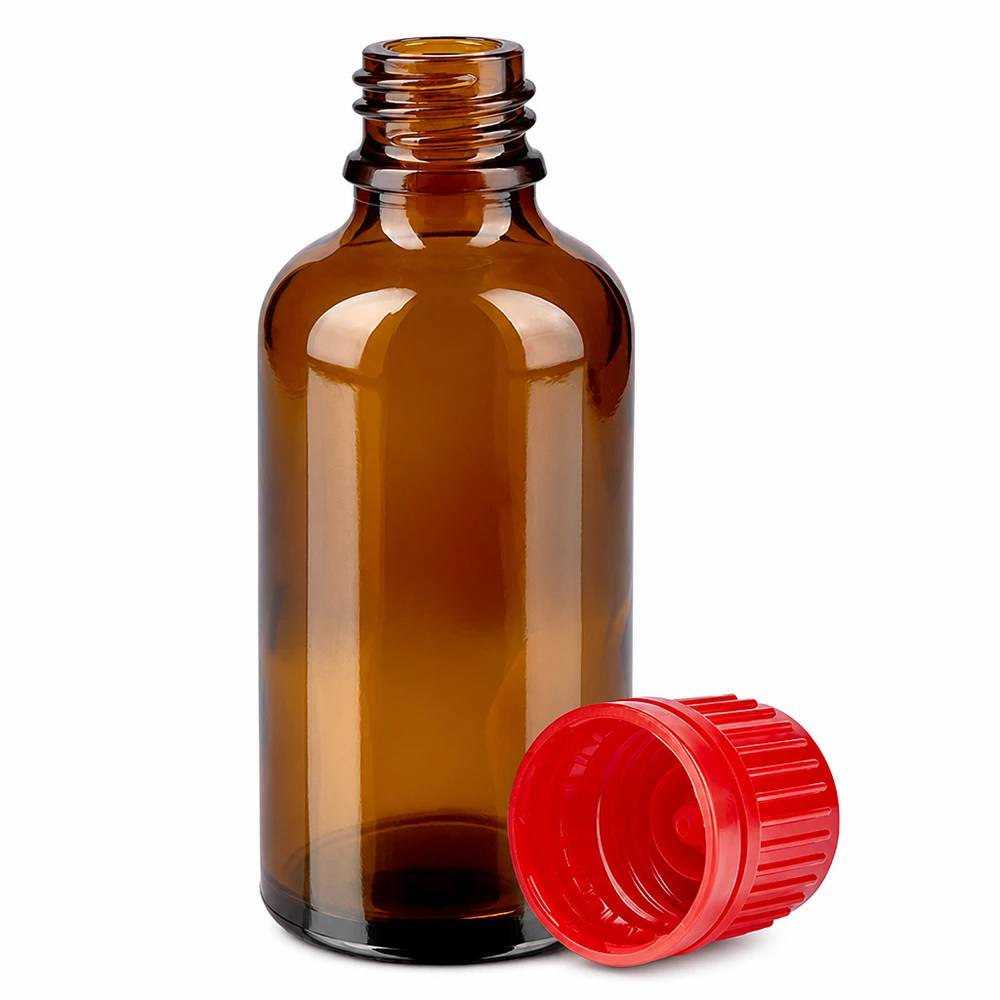 50ml meripihkanvärinen lasipullo 11mm kierteellä ja punaisella kierrekorkilla lääkkeille ja tipoille.