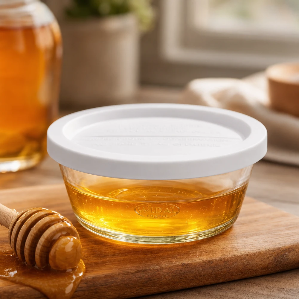 WECK RR120 gourmet-purkki 300ml täynnä hunajaa puisella laudalla, jossa on hunajainen lusikka esimerkkinä käytöstä.