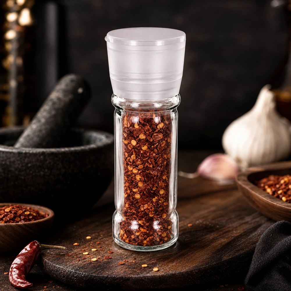 Suola-/maustepurkki 100 ml, jauhin, Vario, valkoinen Läpinäkyvä 100 ml:n lasinen maustepurkki, jossa on valkoinen jauhin ja joka on täytetty punaisilla chilihiutaleilla ja -siemenillä