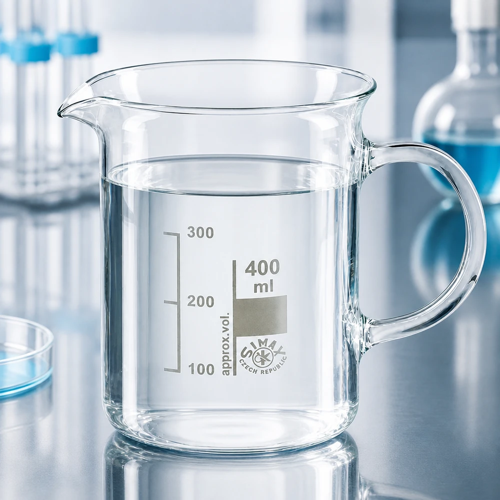 Läpinäkyvä 400 ml:n laboratoriomuki, jossa on kahva ja kaatonokka, valmistettu lämpöä kestävästä borosilikaattilasista