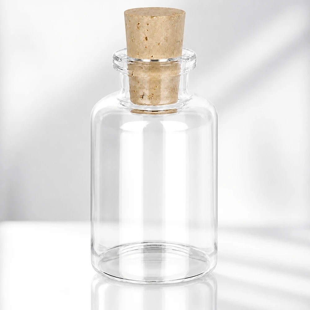 Kirkas lasipullo 30ml, jossa korkki 11/14mm Glasflasche mit breitem Korpus 30ml und konischem Korken 11/14mm aus natürlichem Material