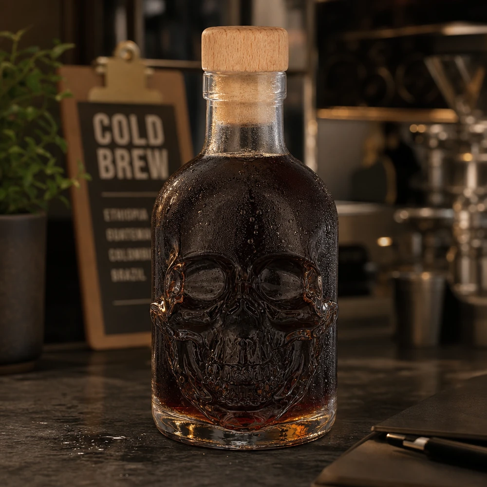 200ml Glasflasche "Jack" mit Holzgriff-Korken UNiTWIST Kallo lasipullo Jack 200ml tummalla viinalla kahvilatunnelmassa, taustalla kylmää juomaa -kyltti