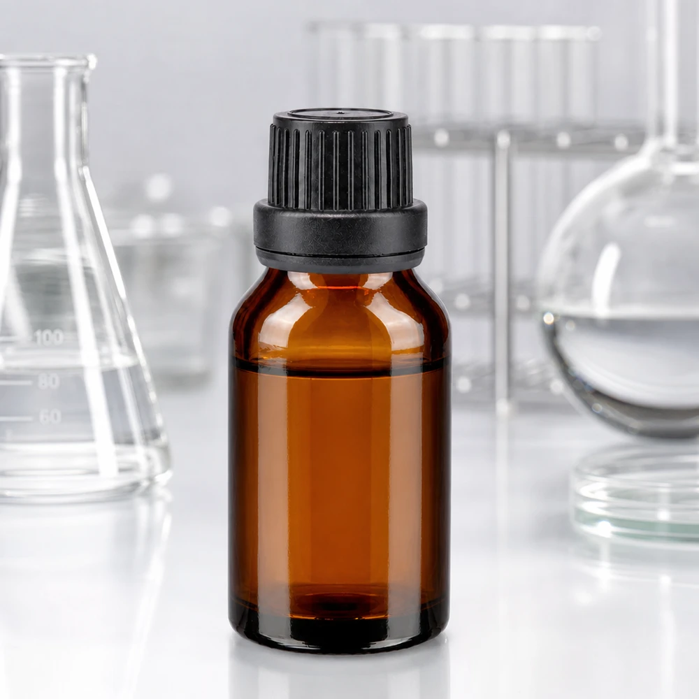 Apteekkipullo ruskea 15ml tiputuskorkki valurengas 2mm musta peukaloinnin estävä sulkeminen. 15 ml:n ruskealasi-apteekkipullo, jossa on musta 2 mm:n tiputusosa, tarkka annostelu, UV-suoja