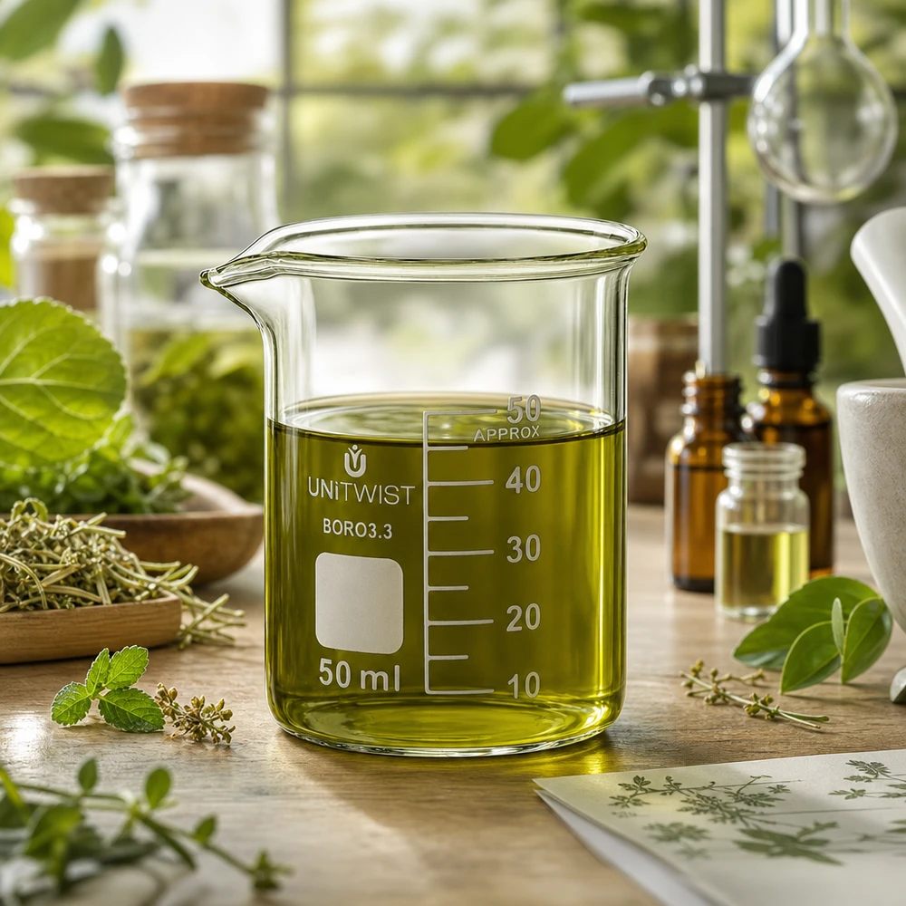 50 ml:n dekantterilasi, borosilikaatti, matala muotti UNiTWIST 50 ml:n UNiTWIST-lasipullo, matala malli, jossa on kelta-vihreää yrttiöljyä 40 ml:n täyttötasoon asti Naturlaborissa