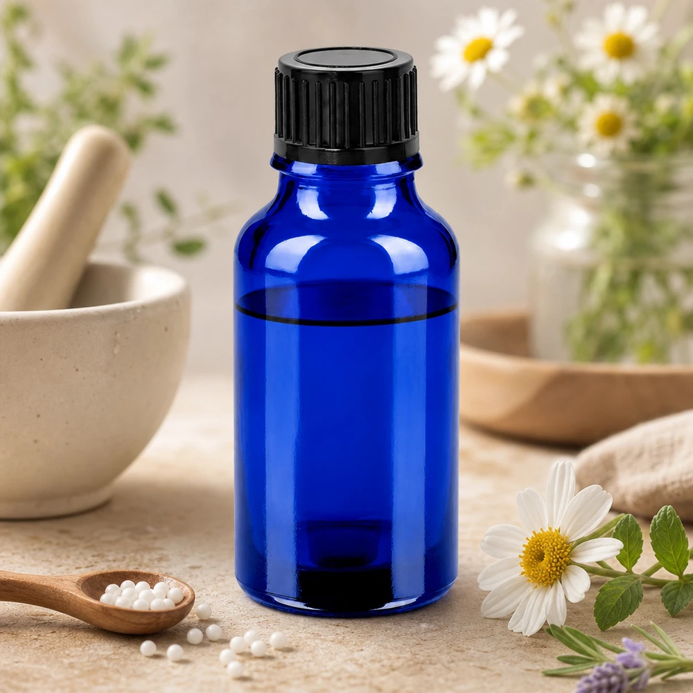 20 ml:n pullo, jossa on UV-suoja sinisen lasin ja mustan korkin ansiosta valoherkälle sisällölle.