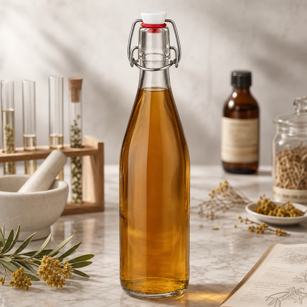 500ml lasipullo, jossa on kultaista nestettä luonnonkosmetiikan laboratoriossa yrttien ja öljyjen vieressä.