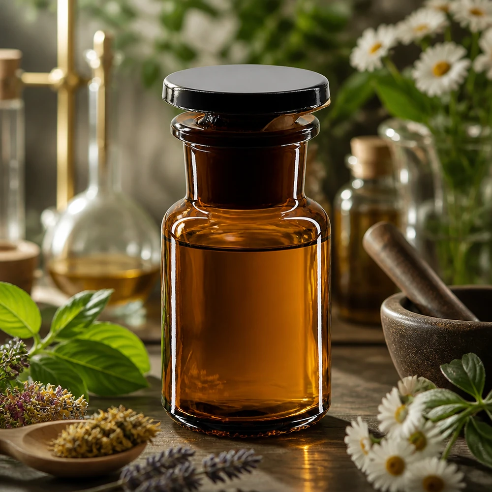 Pyöreä olkapääpullo 50ml ruskea leveäkaulainen lasitulppa 50 ml:n ruskealasi-laajakaulapullo, jossa on musta tulppa, lääkekasvien ja laboratoriovälineiden joukossa