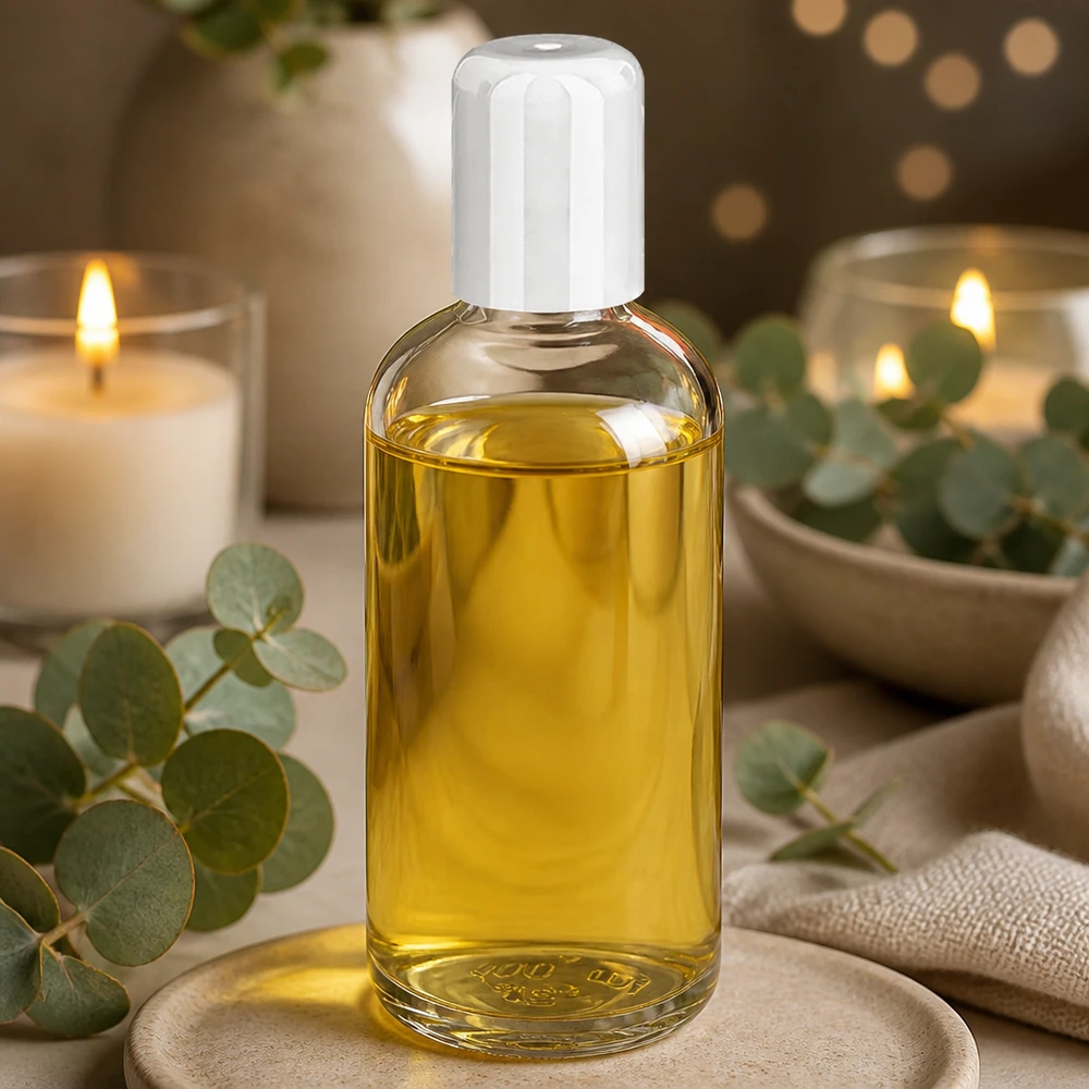 100 ml:n ClearLine-rullapullo, jossa on valkoinen korkki ja joka on täytetty kultaisella öljyllä kynttilöiden edessä