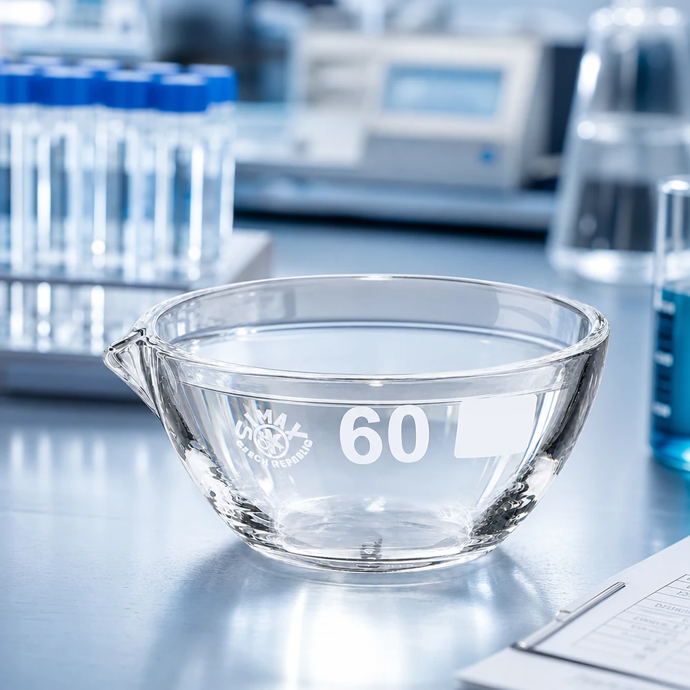 Kompakti 45 ml:n haihdutusastia, jossa ø60 mm:n suulake, valmistettu kestävästä borosilikaatista, laboratoriotyöhön.
