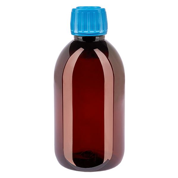 PET-pullo 250ml, sininen korkki, jossa on väärentämisen estävä korkki. PET-pullo 250ml, sininen korkki, jossa on väärentämisen estävä korkki.