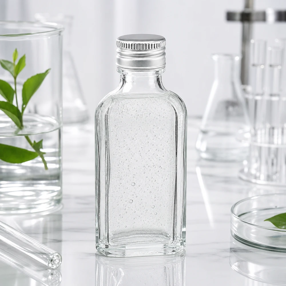 Laboratorioympäristö, jossa on 50 ml:n kirkas Meplat-lasipullo ja hopeanvärinen PP22-alumiinikorkki marmoripinnalla