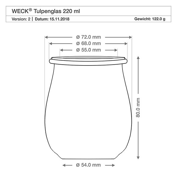 220ml tulppaanipurkki WECK RR60 korkilla luonnonmukainen Tekninen piirustus WECK tulppaanipurkki 220ml RR60 mittauksineen ja mittoineen - Tuoteseloste säilöntäpurkki