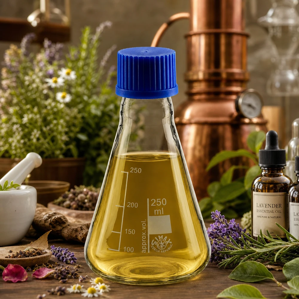 Erlenmeyer-pullo 250ml, jossa on kierrekorkki. Mittapullo 250ml, jossa on mittausmerkinnät ja sininen korkki tarkkaa tilavuuden määritystä varten.
