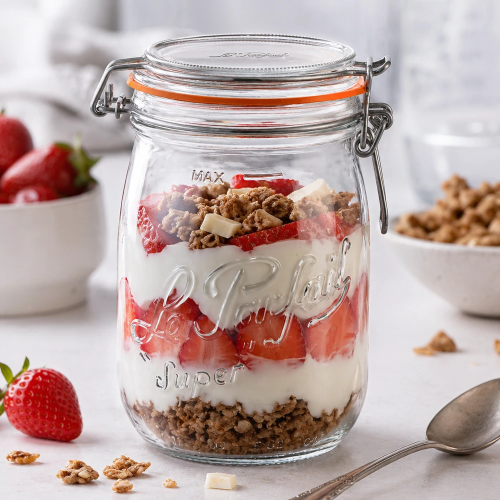 1000ml Le Parfait Super -säilytyspurkki, jossa on kääntyvä korkki, täynnä jogurttia, mansikoita ja mysliä jälkiruokaa varten.