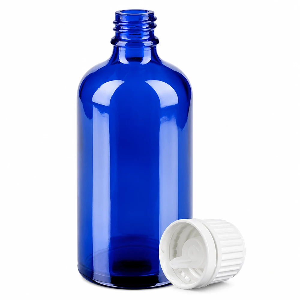 Korkealaatuinen sininen lasinen tippapullo 100ml, jossa on valkoinen ruuvikorkki aromaterapiaa varten.