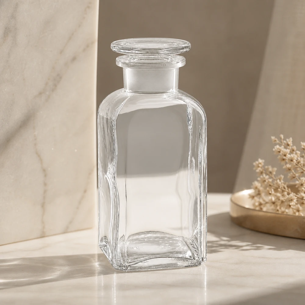 Nelikulmainen pullo 350ml kirkas leveäkaulainen lasitulppa Neliönmuotoinen lasipullo, 350 ml, pyöreällä lasitulpalla, leveäkaulainen, läpinäkyvä, tyhjä