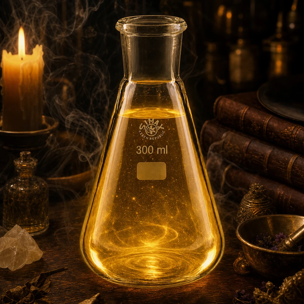 Erlenmeyer-pullo 300ml, jossa on vakiohiottu liitos 29/32, kullankeltainen valaistus laboratoriotekniikkaan.