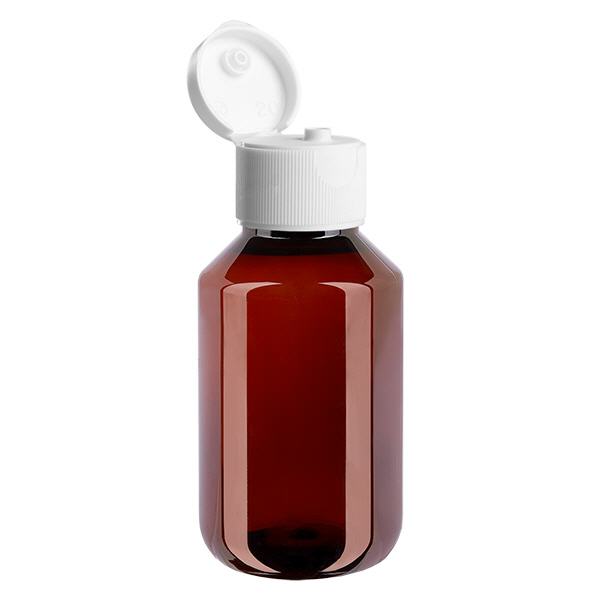 PET-pullo 100ml, jossa on valkoinen flip-top-korkki. PET-pullo 100ml, jossa on valkoinen flip-top-korkki.