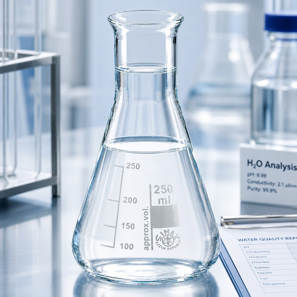 250 ml:n mittalasipullo, jossa on kartiomainen muoto ja kapea kaula laboratorioanalyysejä varten.